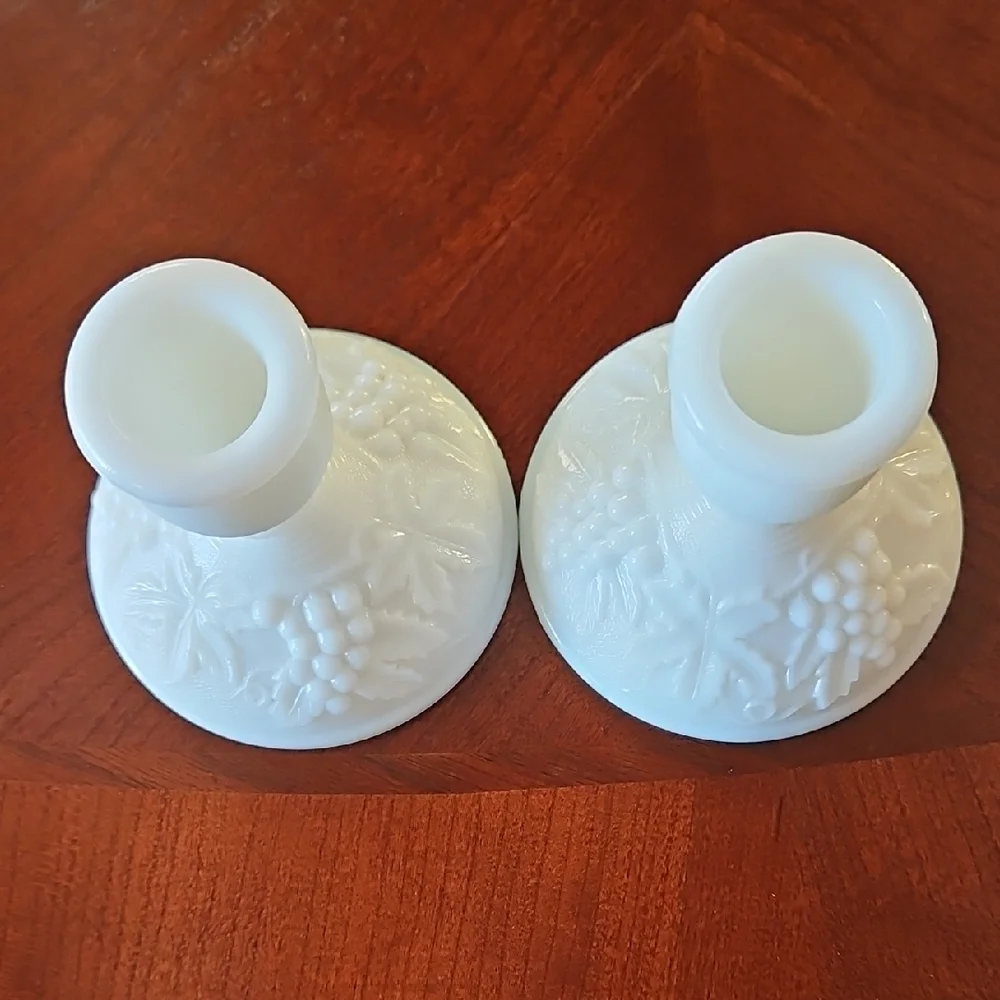 VTG Imperial Glass Milk Glass Grape Taper Candlestick Holders Pair, Ring of Fire